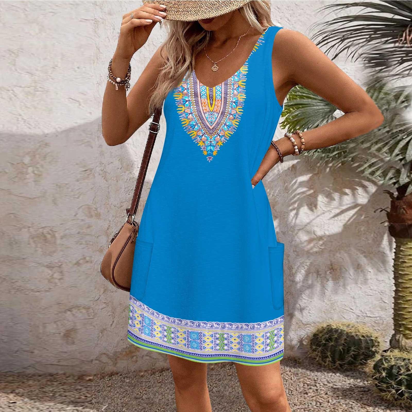 

Женский повседневный сарафан с карманами, летнее пляжное платье в стиле бохо, блузки с цветочным принтом для женщин, футболки, платье с v-образным вырезом, свободные платья-майки L синий