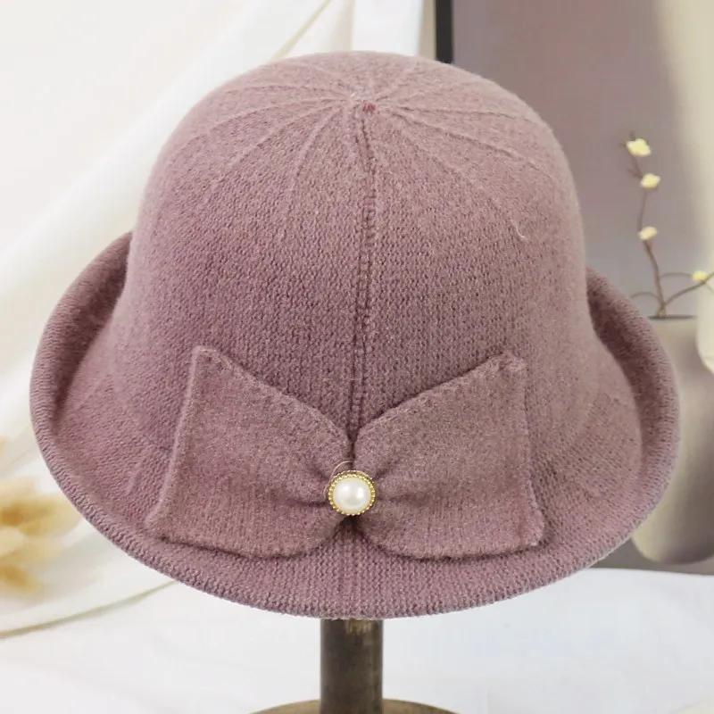 WTEMPO Cold-proof Windproof Warm Solid Color Pearl Bow Bucket Hats Women's Autumn Winter Casual Verstaile Retro Elegant Hats