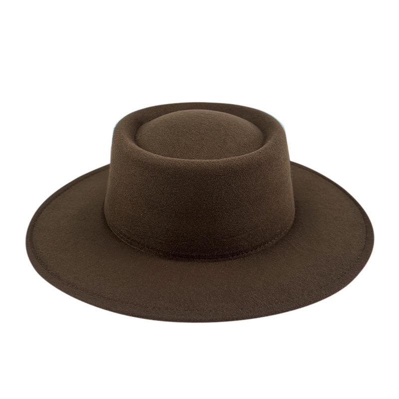 British style solid color big brim flat top top top hat French fashion jazz flat top woolen hat autumn and winter felt hat