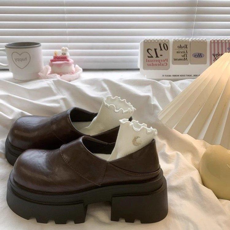 Black platform British style loafers autumn new retro platform heightening comfortable single shoes