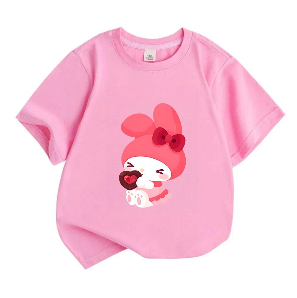 Cute Cartoon Bunny Heart Chocolate Print Kids 100% Cotton T-shirt Boys Girls Casual Crew Neck Short Sleeve Soft Breathable Summer Trendy Daily Wear Cu