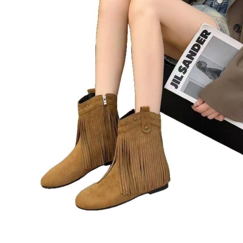 Böhmische Quasten Innen erhöhend Kleine kurze Stiefel Damen Frühher Herbst Neu Retro Flacher Boden Schlank Chelsea