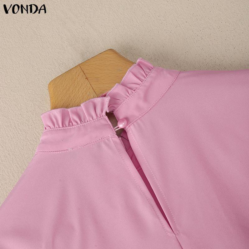 VONDA Women Elegant Casual Ruffled Stand Neck Loose Long Sleeve Irregular Blouse
