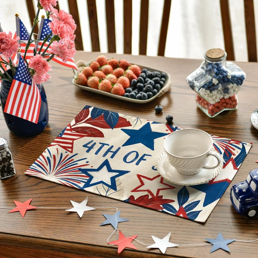 Fireworks Leaves Stars 4th of July Placemats Set of 4, 12x18 Inch Patriotic Memorial Day Table Mats for Party Kitchen Dining Decoration