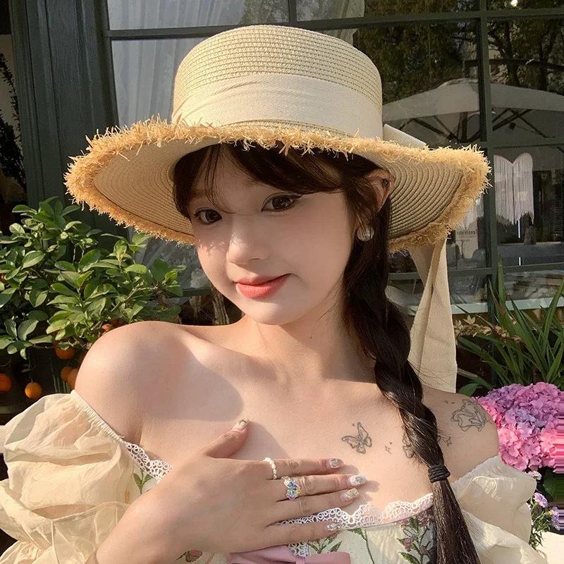 Flat-top straw hat women's straw top hat, new summer big-brimmed sun hat, seaside vacation sun hat