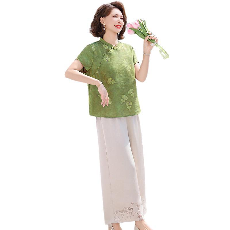 Middle-Aged Women's Chinese-Style Summer Blouse - Short-Sleeved Top