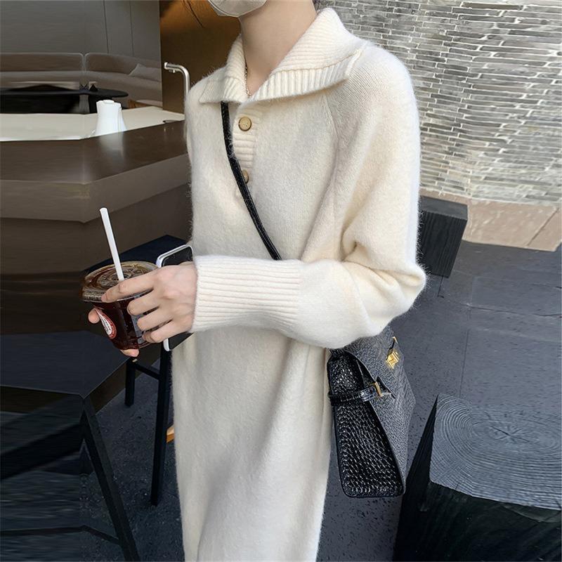 With coat loose knitted dress women's autumn new lazy style polo collar high-end bottoming shirt women