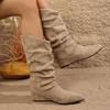Inside Heightened Flat Single Shoes Autumn New Pointed Toe Suede Sleeve Suede Pleated Stack Boots