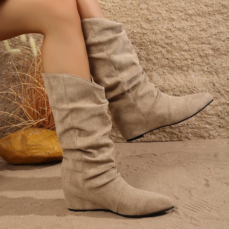 Inside Heightened Flat Single Shoes Autumn New Pointed Toe Suede Sleeve Suede Pleated Stack Boots