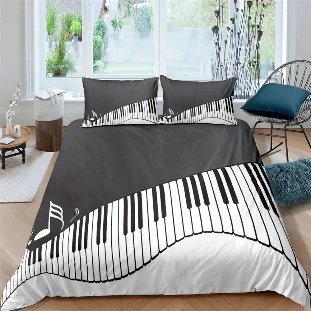 Klaviertasten Königin König Bettbezug 3D Cartoon Musiknoten Bettwäsche Set für Jungen Jugendliche Erwachsene Mode Musik Polyester Bettdeckenbezug