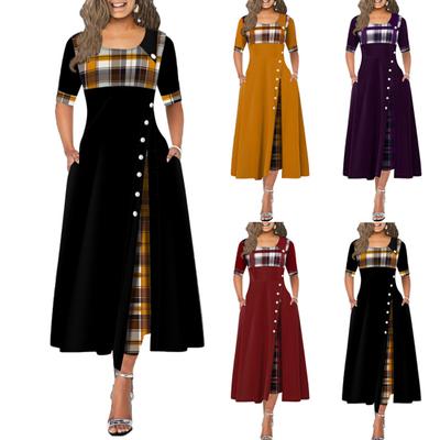 Vestido feminino com decote em O meia manga costura xadrez bainha irregular botões decoração maxi