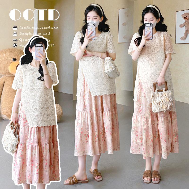 

Summer 2026 Lace Short-Sleeve Top & Floral Skirt Maternity Set with Adjustable Fit M