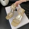 Fashion Liyke Size 35-42 Strange High Heels Gladiator Sandals Women Summer Cozy Leather Square Toe Ankle Strap Ladie Shoes Gold Silver