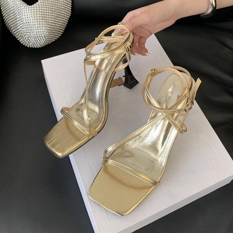 Fashion Liyke Size 35-42 Strange High Heels Gladiator Sandals Women Summer Cozy Leather Square Toe Ankle Strap Ladie Shoes Gold Silver