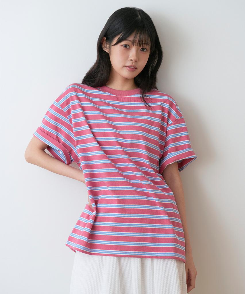 Sayu Striped Biscuit Short Sleeve T-Shirt Pink
