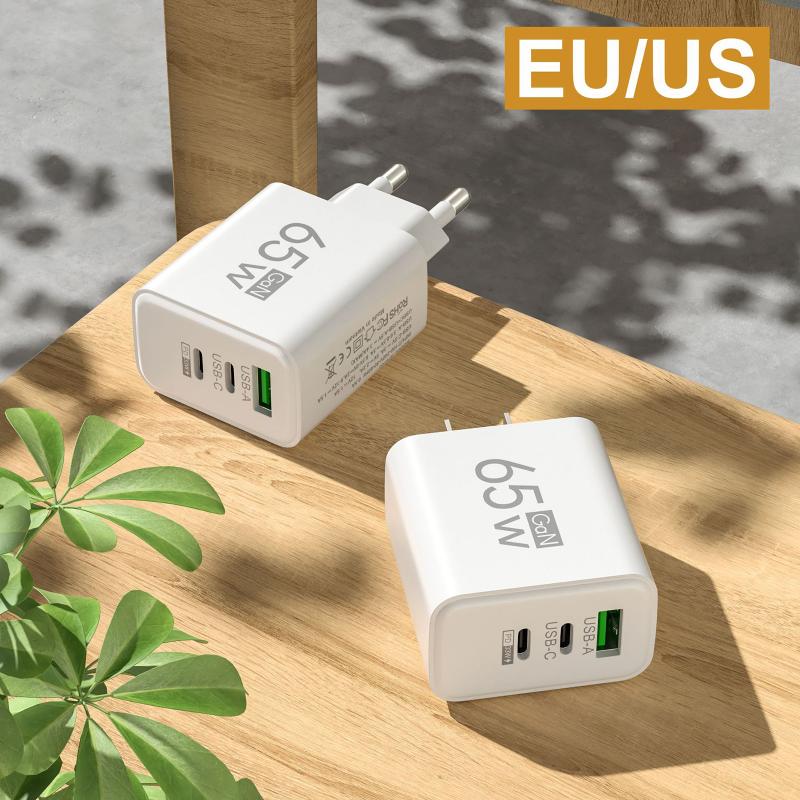 65W GaN Reise-Ladegerät EU-Stecker Dual USB C + USB A Port Schnelllade-Wandadapter Kompaktes Ladegerät für Telefon Laptop Tablet