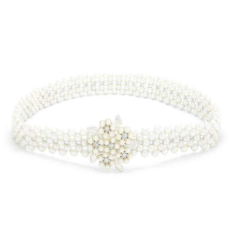 Pearl Rhinestones With Belt, Women'S Literary And Elegant Decoration, Multi-Row White Beaded Elastic Waist Chain