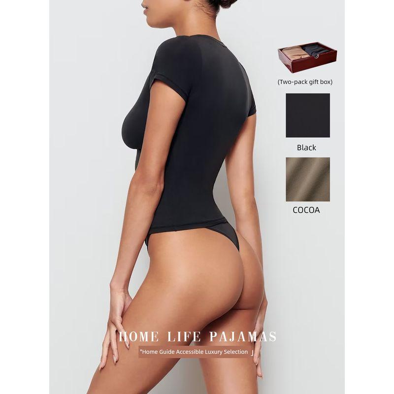 

Fashion Niche Style Sexy Fashion All-Match Women s round Neck Butter High Elastic Short Sleeve T-shirt Bottoming Slimming Figure New Arrival Agate black XL