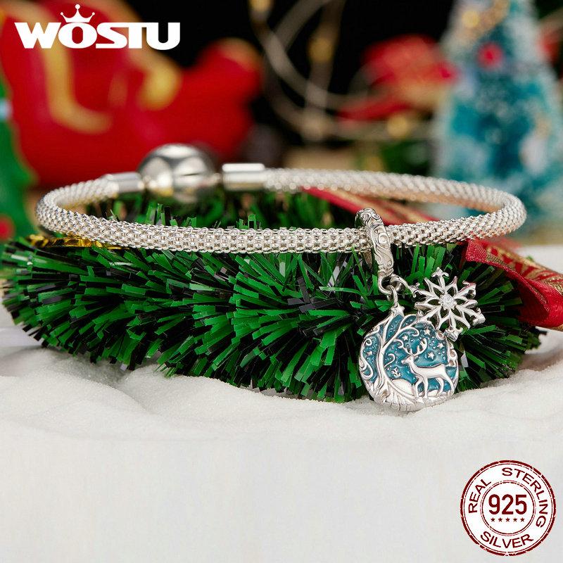 WOSTU 925 Sterling Silver Luminous Christmas House Charms Santa Claus Bead Glow In Dark Xmas Pendant Fit DIY Bracelet Necklace