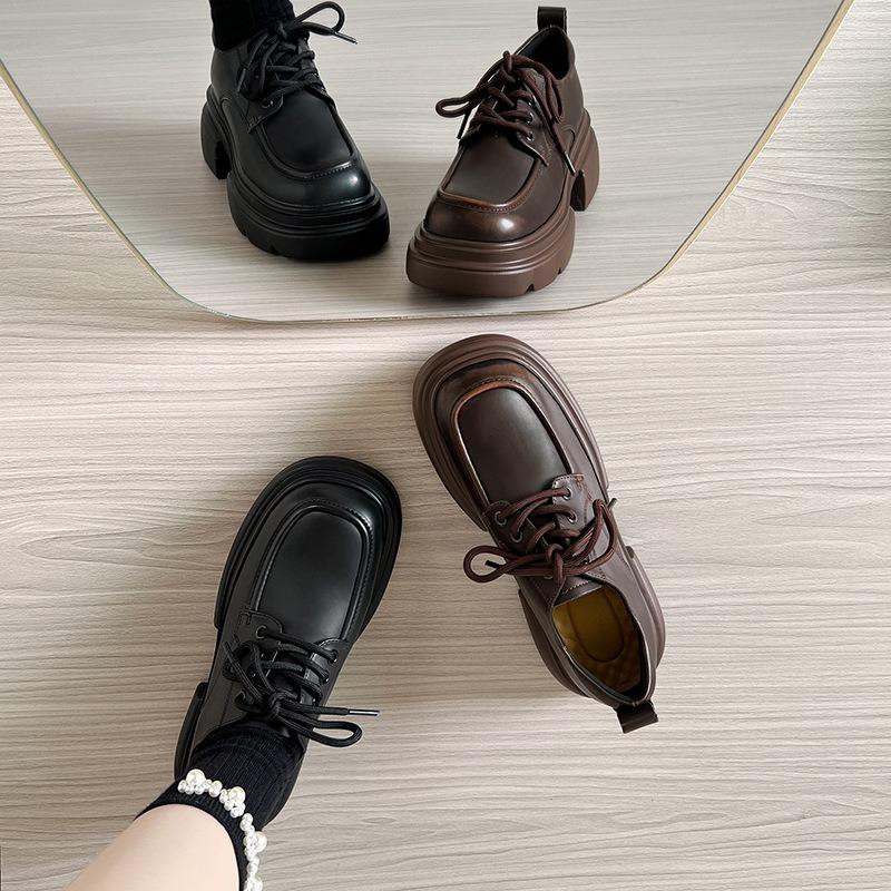 New fashion small leather shoes women's spring versatile women's shoes front lace-up thick heel single shoes children