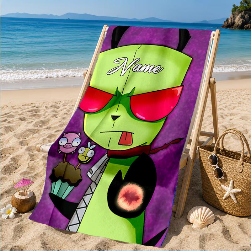 Custom Name Cartoon Alien Heart In Space Adventure Microfiber Beach Towel, Lightweight for Summer Travel, Swimming Pool Fan Gift