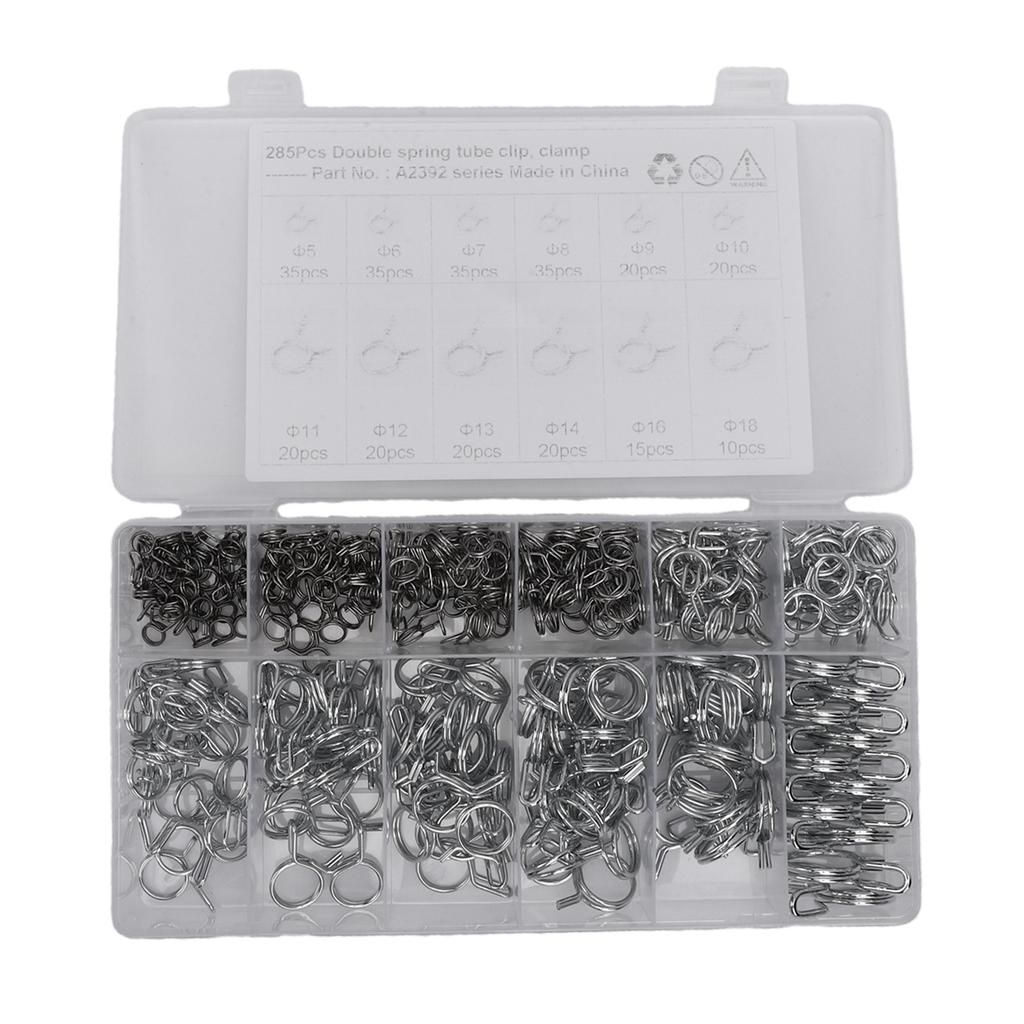 285PCS Double Wire Spring Hose Clamp Stainless Steel Fuel Line Hose Clamps Set for Motorcycle ATV 5 to 14MM