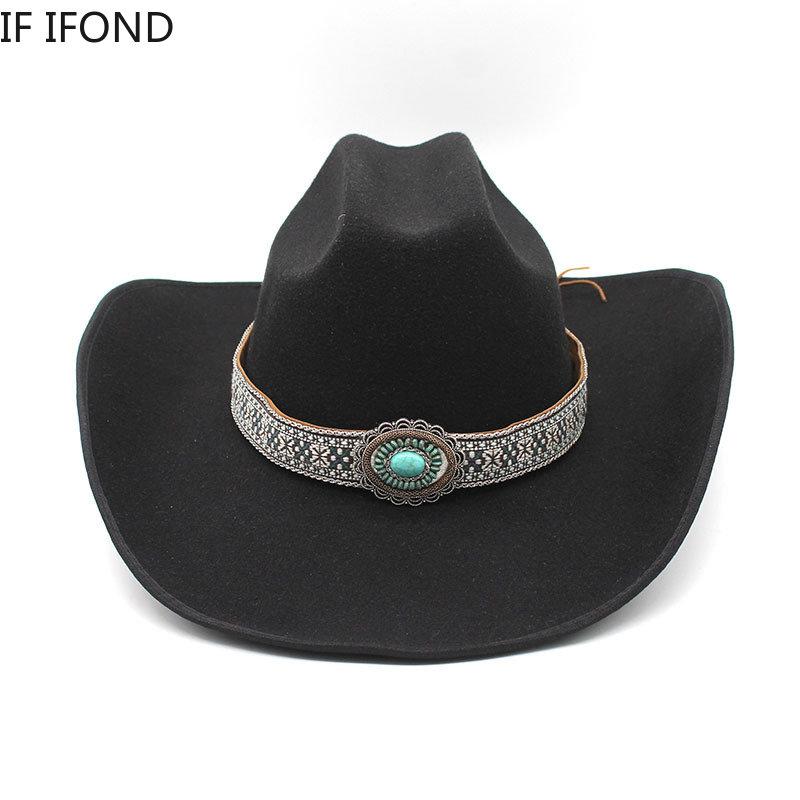 New Men Women Artificial Woolen Western Cowboy Hats 9.5CM Wide Brim Party Dress Hats Gentleman Lady Jazz Cowgirl Cap