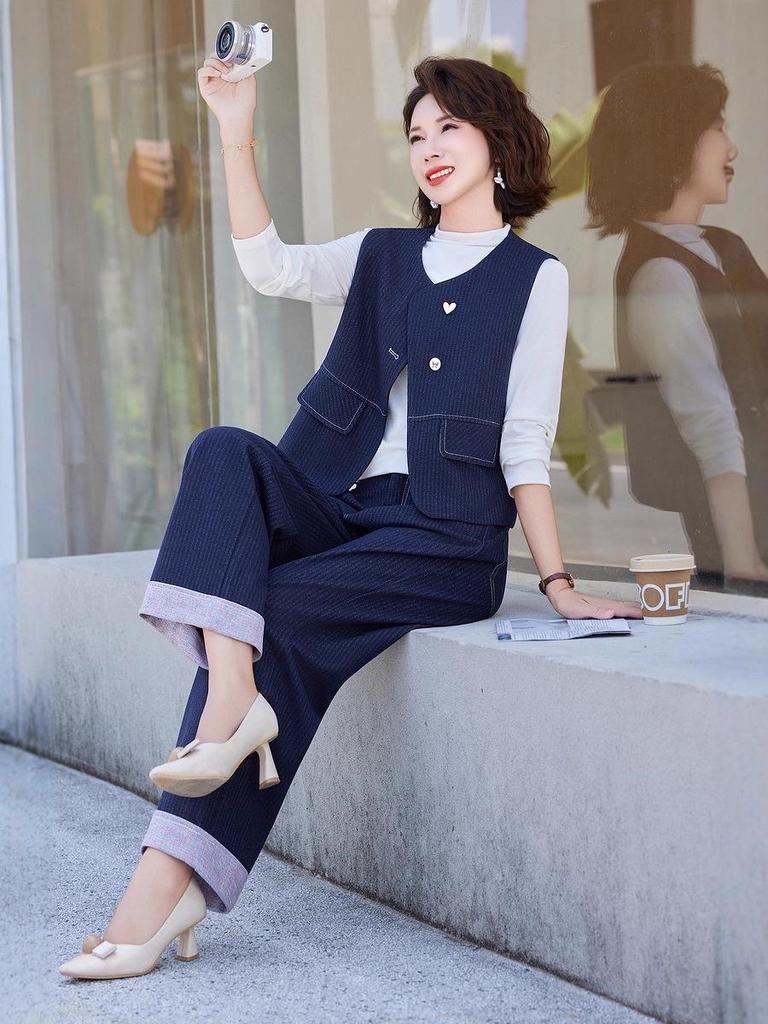 Hong Kong Retro Fashion Denim Blue Women's Set: 2025 Spring/Autumn Striped Patchwork Jacket & Wide-Leg Pants Two-Piece