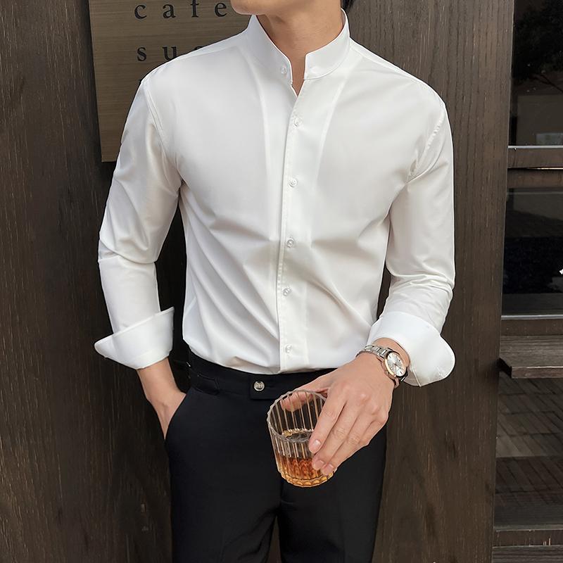 Spring Chinese Style High End Stand Up Collar Shirt Men's Long Sleeve Elastic Slimming Top Social Dress Shirt