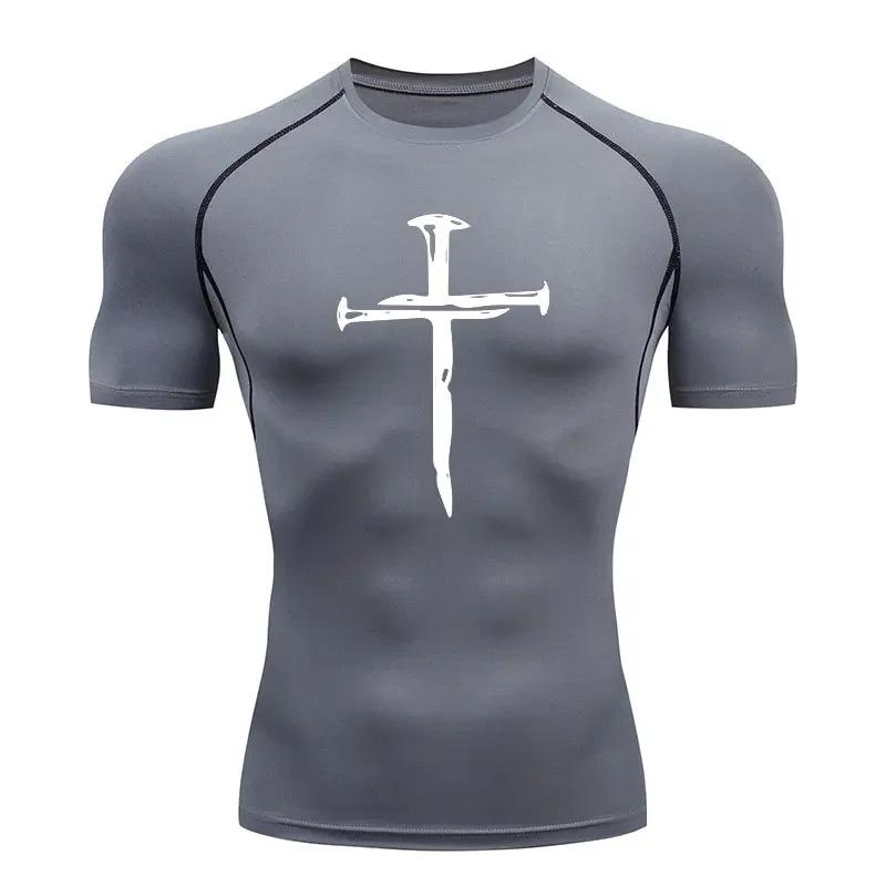 Men's Quick Dry Cross Print Sportswear Running Compression Tee Shirt Athletic Muscle Tshirt Fitness Gym Undershirt Sport Top
