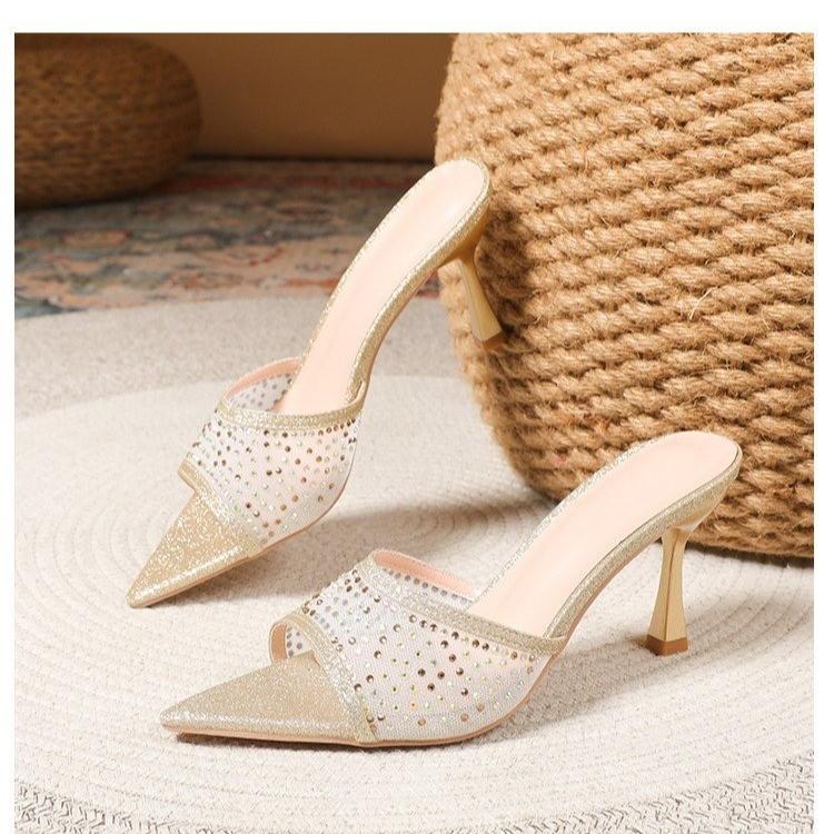 

Foreign trade large size new Korean version pointed toe fish mouth women s fine heel high heel cool slippers 42 золотой