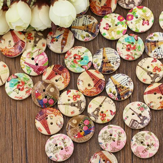 50 Pcs Eiffel Tower Flower 2 Holes Wooden Buttons Sewing DIY Craft Scrapbooking