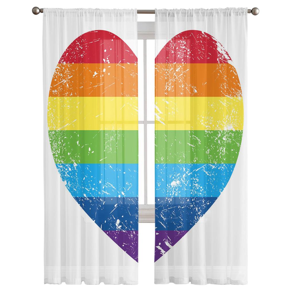 Rainbow Heart Shaped Stripes Colorful Love Tulle Window Treatment Sheer Curtains for Living Room the Bedroom Curtains Decoration