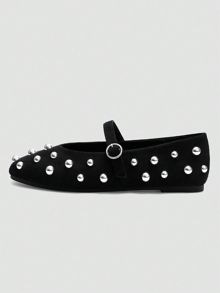 Black Mary Jane Flats, Silver Rivet Decor One-Strap Buckle, Retro Elegant Shoes