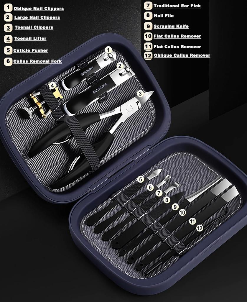 Stainless Steel Nail Clipper Includes Nail and Perfect for Home Use and Portable Storage 12-Piece Set, Clippers, File, Tweezers, Earpick,