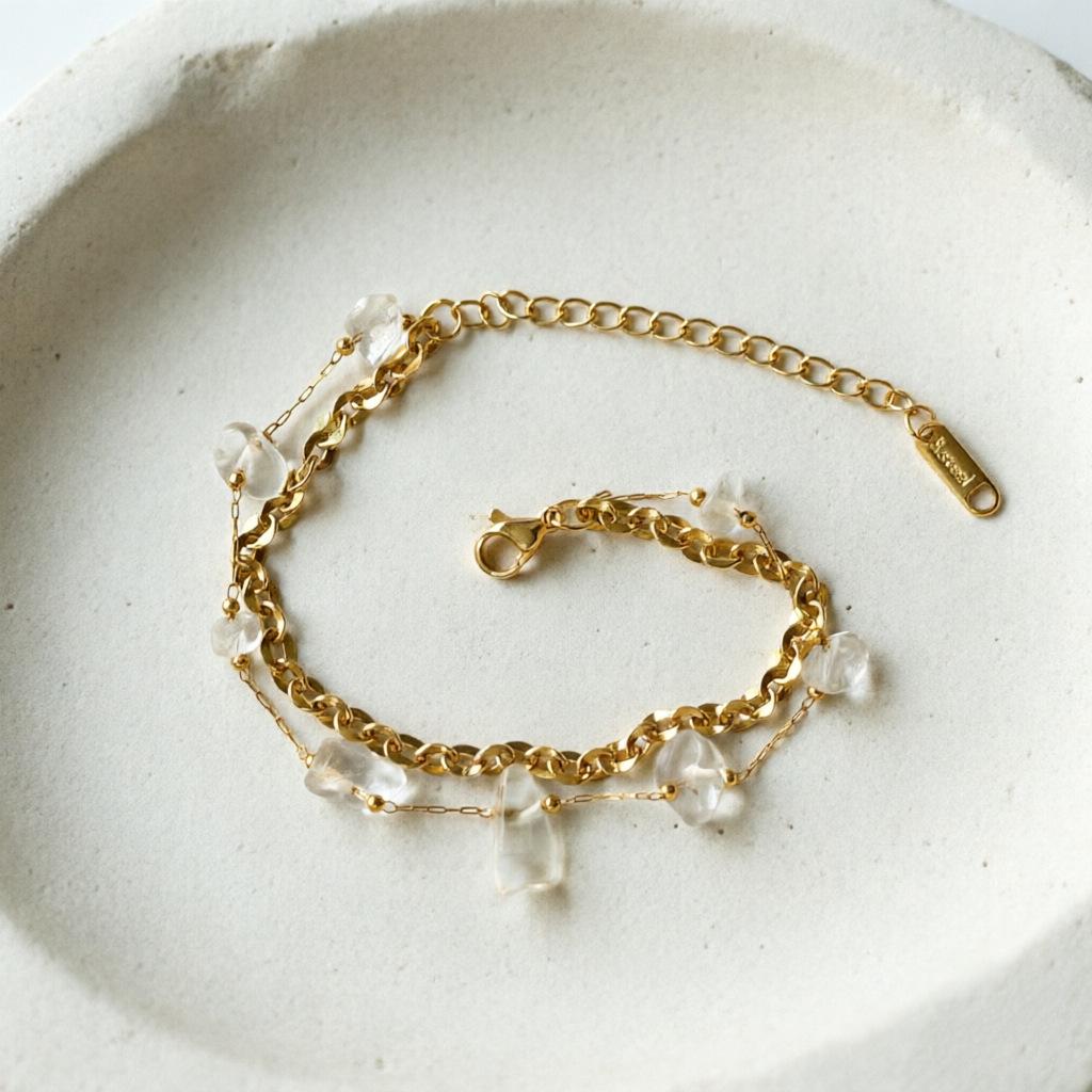 European Multi-layer 18K Gold-Plated Titanium Steel Bracelet with Star, Sun, and Heart Stone Tassels