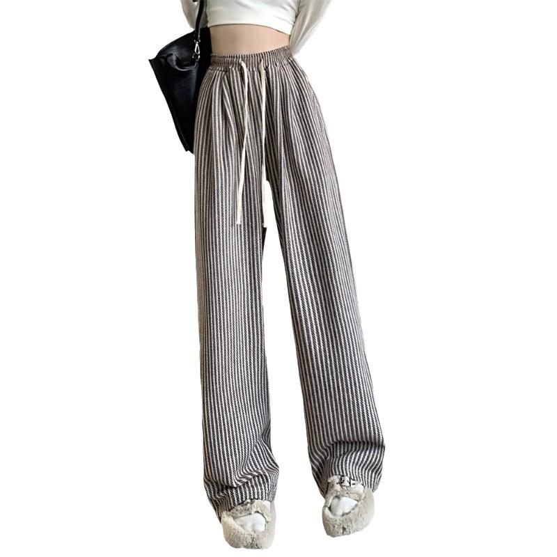 Korean Chic Knit Vertical Striped Wide-Leg Pants for Women - Petite, High Waist, Casual, Autumn/Winter