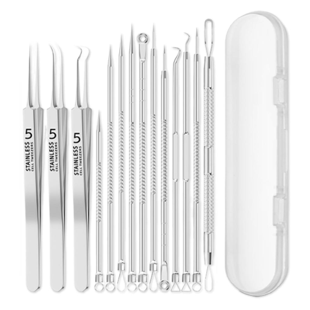 LIKENNY Acne Needle Includes Blackhead Blackhead Blackhead and Tweezers for Pore Beauty and Storage Case Kit, 14-Piece Set, Remover, Remover, Pusher,