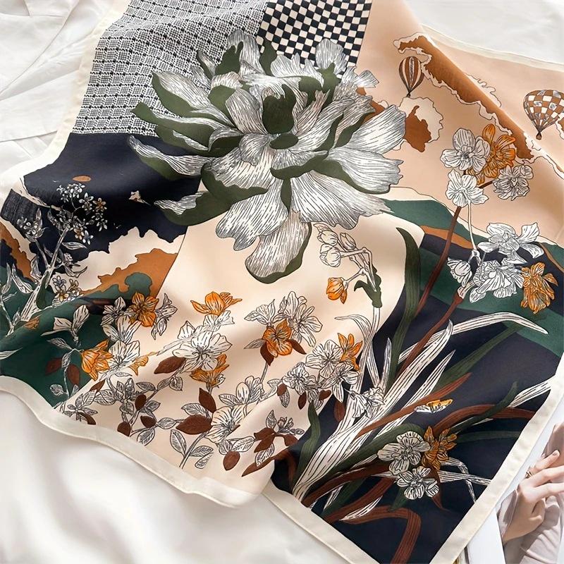 Women's Korean Style Retro Printed Imitation Silk Scarf for Professional and Casual Use