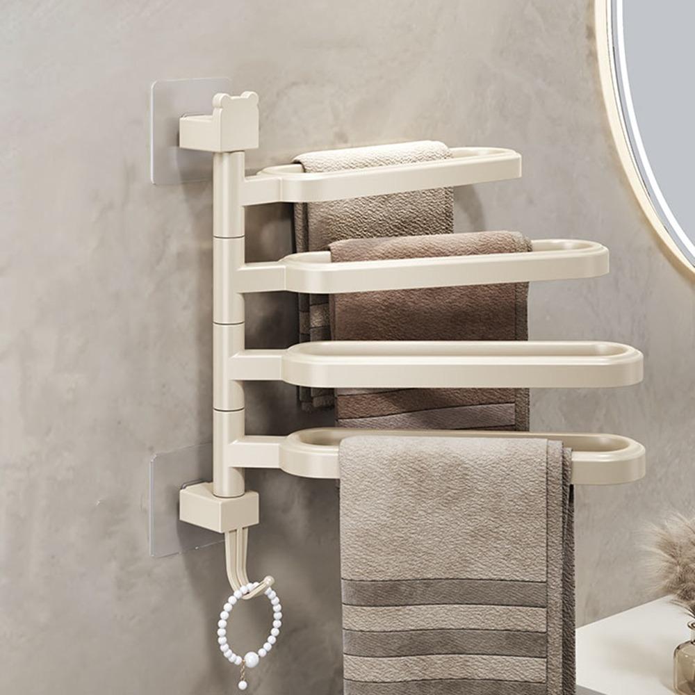 

Punch Free Rotatable Towel Rack Wall Mounted Bath Towel Storage Rack Towel Hanger Kitchen Beige 4 Bars
