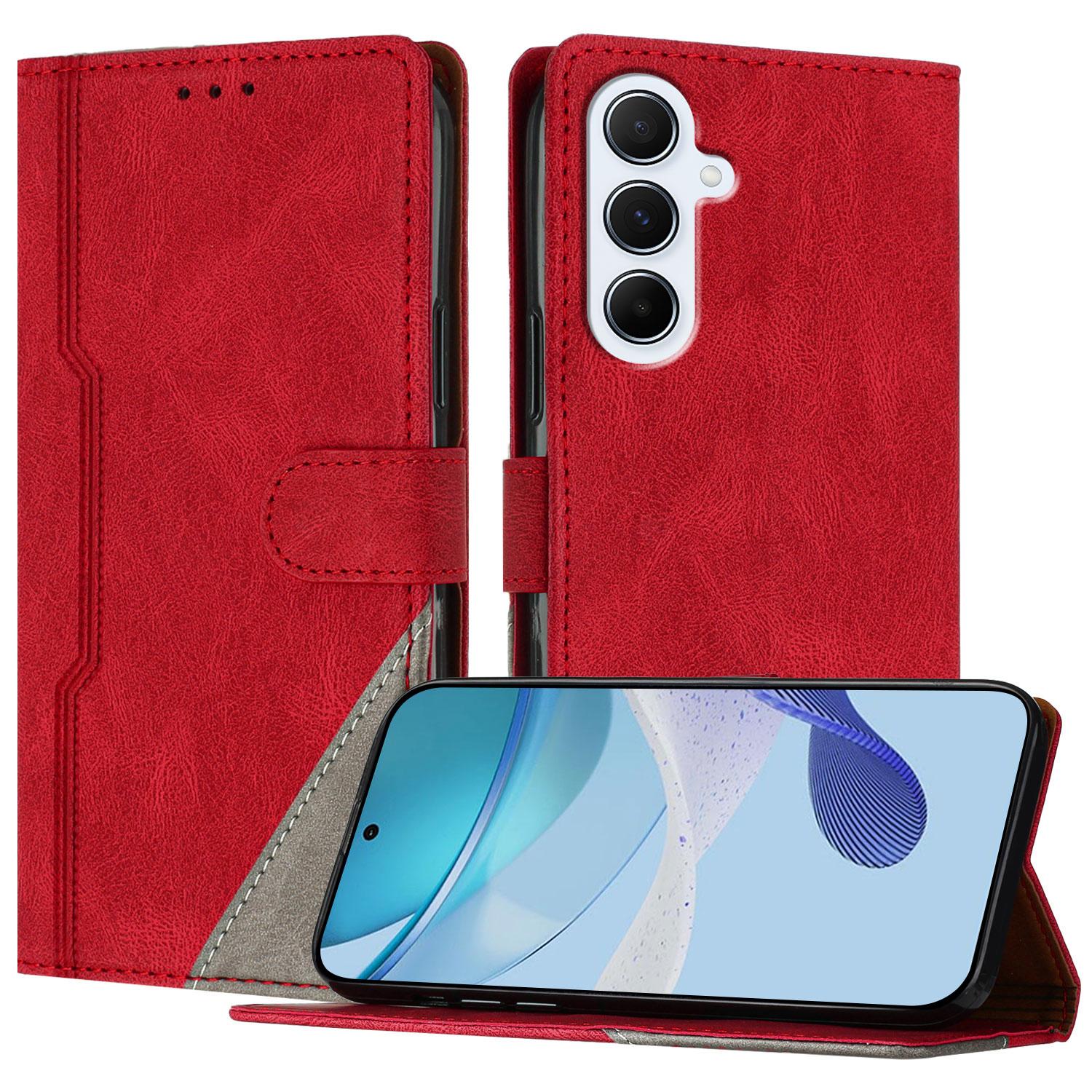 

For Samsung Galaxy A56 5G Leather Case Triangle Patchwork Wallet Stand Shockproof Phone Cover Red