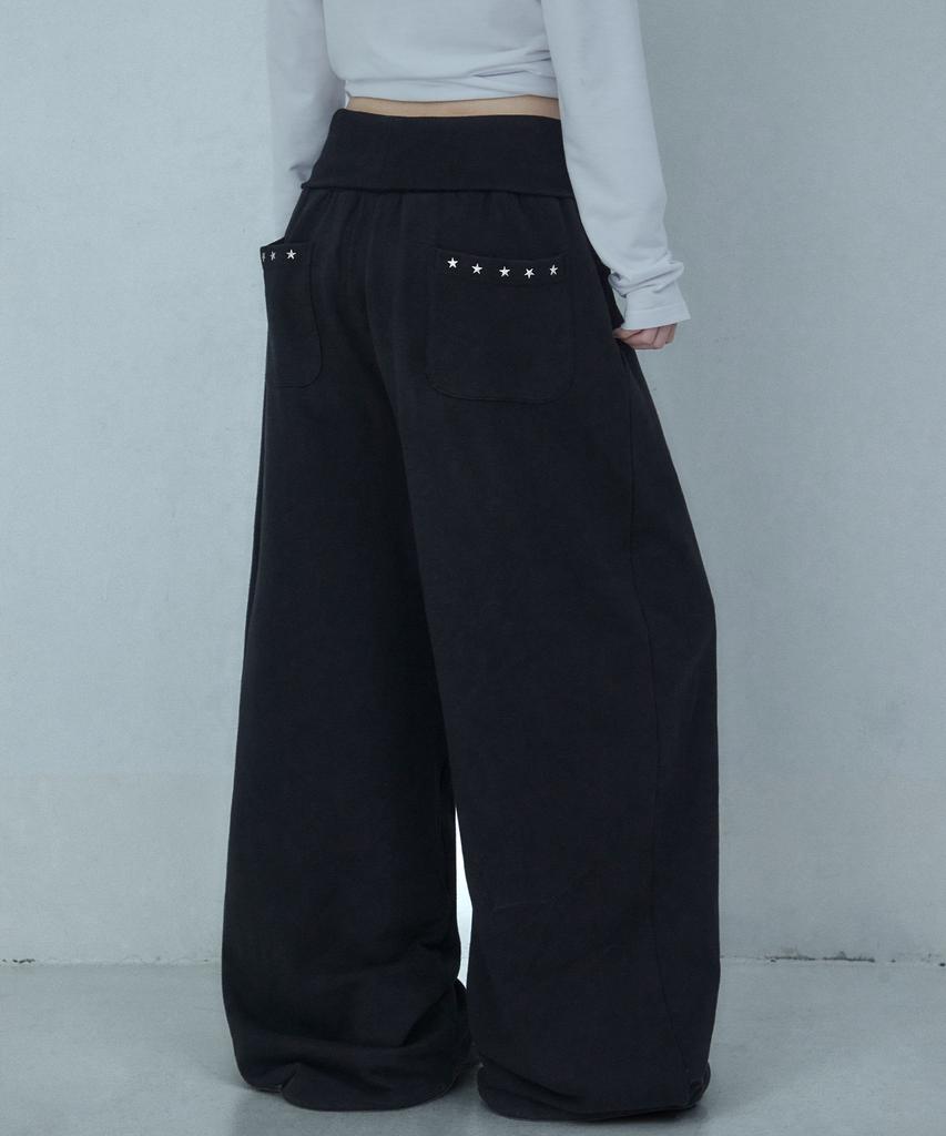 LOOXP Graphic Rivet Folding Training Wide Long Pants Black