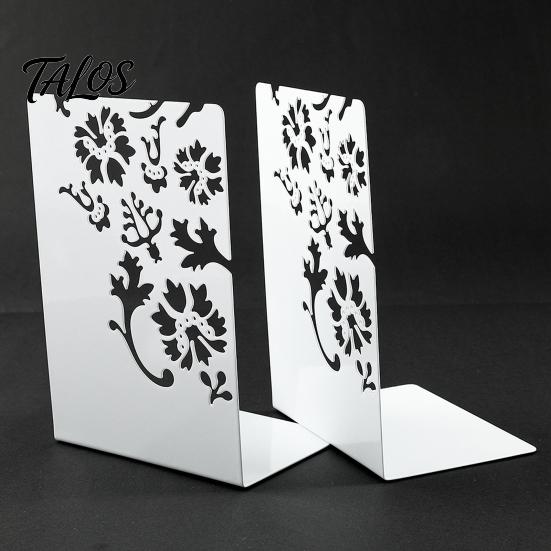 Compact Bookend 2PCS Metal Bookends, L-Shaped Reinforced Support Book Holder, with Non-Slip Large Capacity Holder Pads, Hollow Floral Design