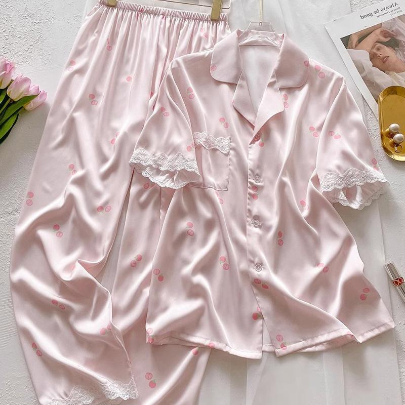 Spring And Autumn Sweet Wind Little Cherry Pajamas Women'S Comfortable Short-Sleeved Trousers Loungewear
