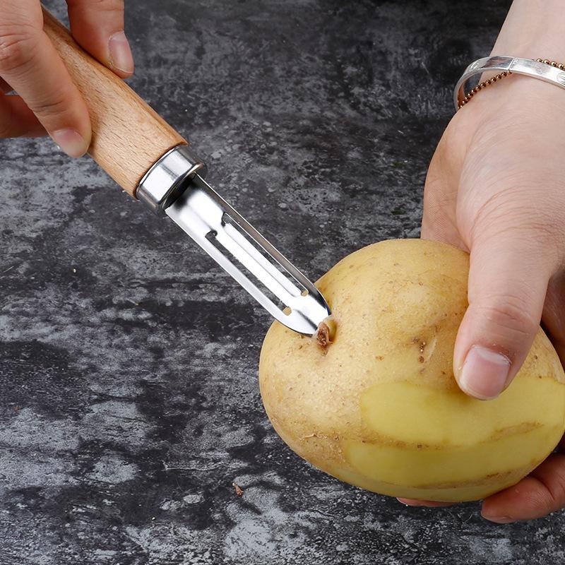 Wooden Handle Stainless Steel Fruit & Vegetable Peeler - Straight Type Peeling Knife for Kitchen Use.