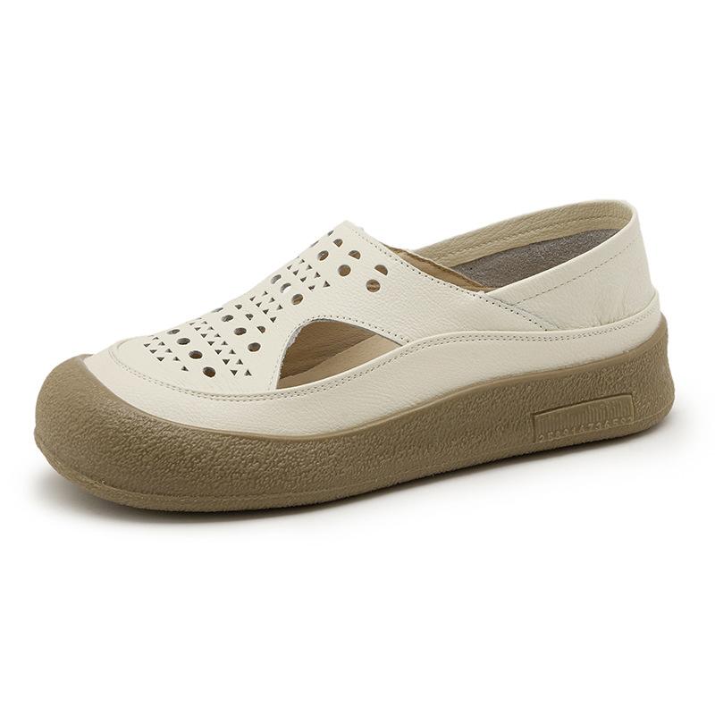 Fashion Cowhide Soft-soled Leather Mother Shoes, Middle-aged and Elderly Hollow Breathable Sandals, Anti-slip Women's Flat Shoes