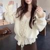 Gentle Fashionable and Comfortable Hollow Crochet V-neck Knitted Sweater Women's Autumn Loose and Thin Drawstring Sweater Jacket