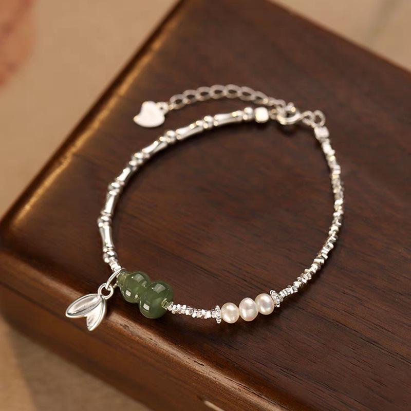 S925 Sterling Silver Jade Gourd  Pearl Bamboo Bracelet - Retro Chinese Style Gift for Women 925 Silver