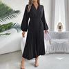 Abito Lungo da Donna a Maniche Lunghe Scollo a V Linea ad A Monocolore Pieghettato Vita Alta Primavera Estate