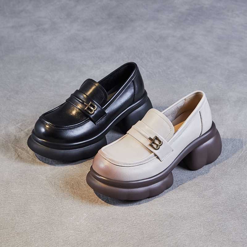 2025 Spring New Soft Leather Platform Loafers Women's Heightening Women's Shoes Soft Leather Versatile Muffin Platform Women's Leather Shoes Women
